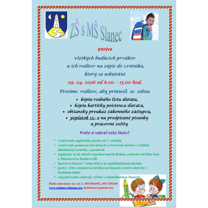 Pozvánka na zápis do 1. ročníka